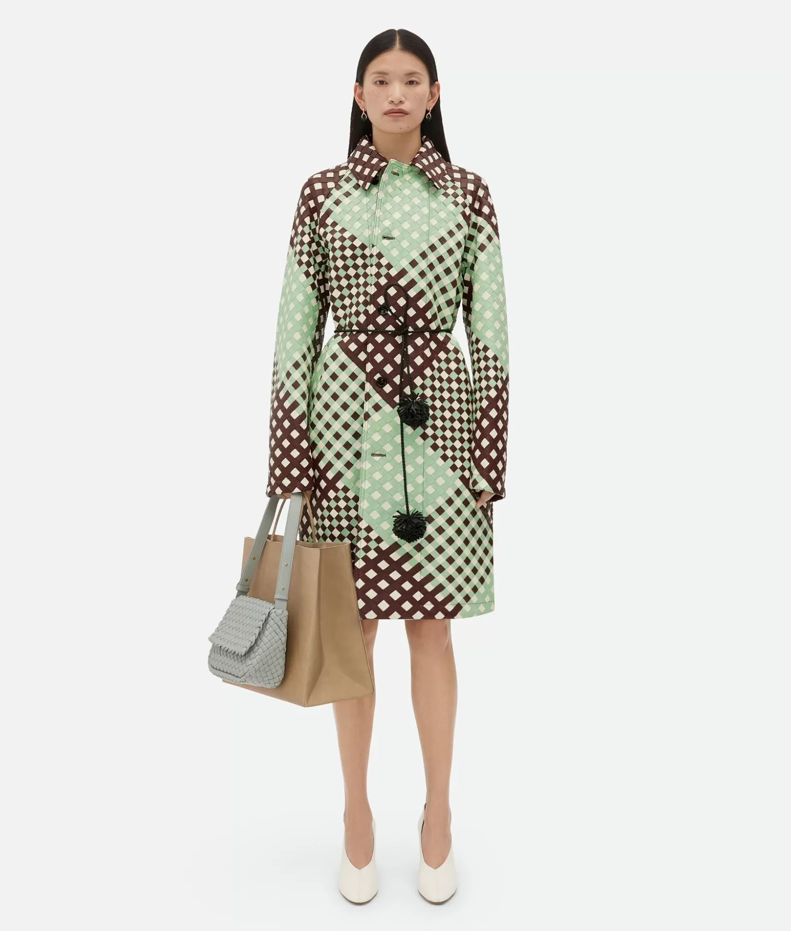 Pelle^Bottega Veneta Cappotto In Pelle Tricolore Intrecciato Bayberry/sweet mint/white