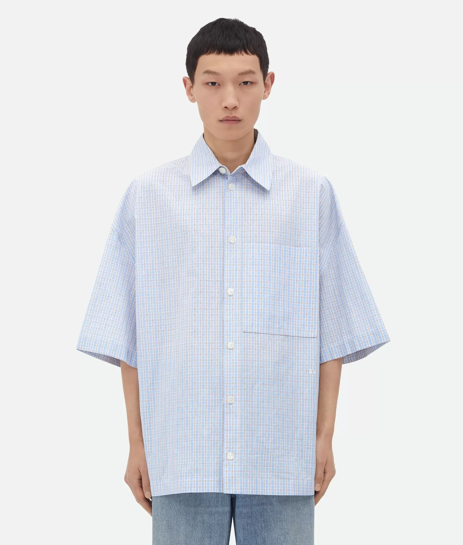 Camicie^Bottega Veneta Overshirt In Lino E Cotone A Quadri Con Ricamo “Bv” Pale blue/burgundy